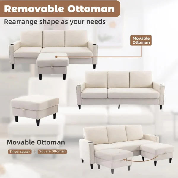 Couches for Living Room, L-Shaped Couch 3 Seats Sofas with Storage Chaise & 2 Cup Holders, Small Sofa for - Image 6