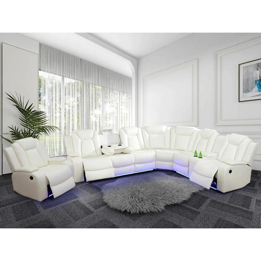 Power Recliner Sofa Sectional Couches , Leather Reclining Corner Sectional Sofa Set With 3 Recliner Seats, Cup Holder, Sofas