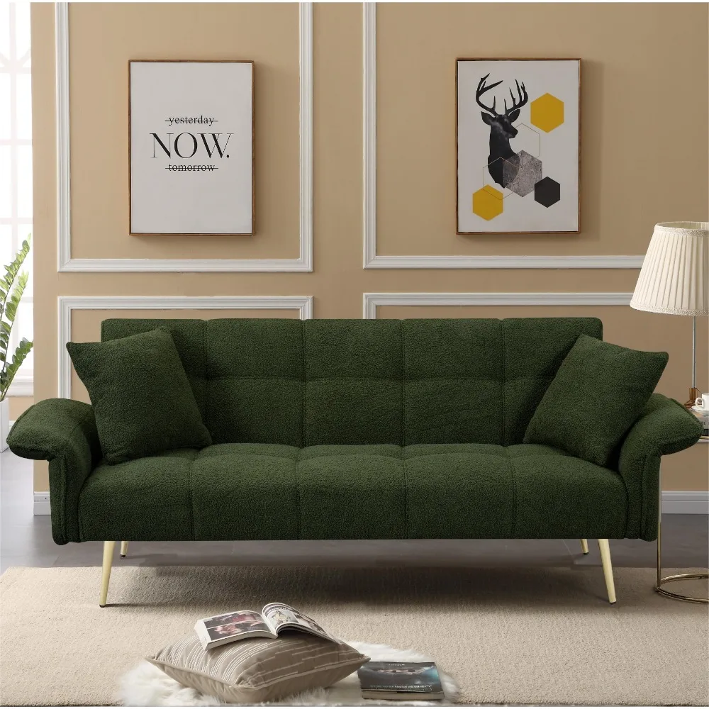 Futon Sofa Bed,Convertible Double Sofa Bed with Folding Armrests for Living Rooms and Small Spaces,Green Or Beige Or Pink