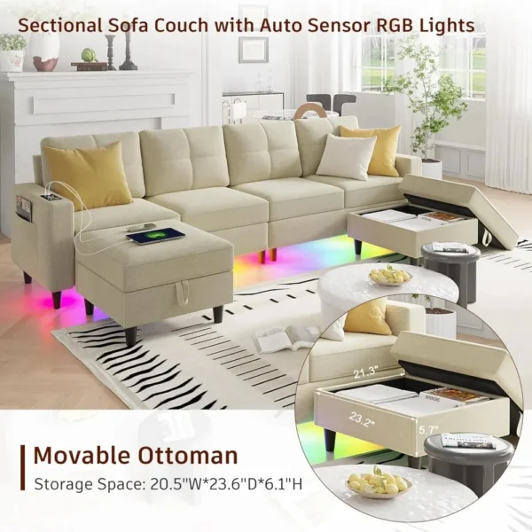 LED Sectional Couches for Living Room, Modular Sectional Sofa Set , Oversized U Shaped Sofa Couch with Auto Sensor RGB Lights - Image 3