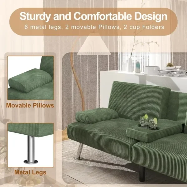 Shahoo Modern Upholstered Convertible Folding Futon Sofa Bed with Removable Armrests, Metal Legs, 2 Cup Holders for Living Room, - Image 5