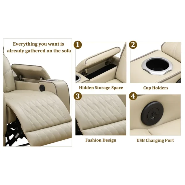 Power Recliner Sofa Set, Leather Living Room Sofa Set With LED, Power Reclining Sofa Recliner Couch With Cup Holder/USB Ports - Image 3