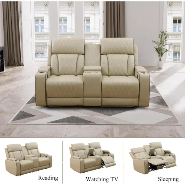 Power Recliner Sofa Set, Leather Living Room Sofa Set With LED, Power Reclining Sofa Recliner Couch With Cup Holder/USB Ports - Image 6