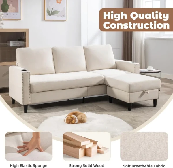 Couches for Living Room, L-Shaped Couch 3 Seats Sofas with Storage Chaise & 2 Cup Holders, Small Sofa for - Image 3