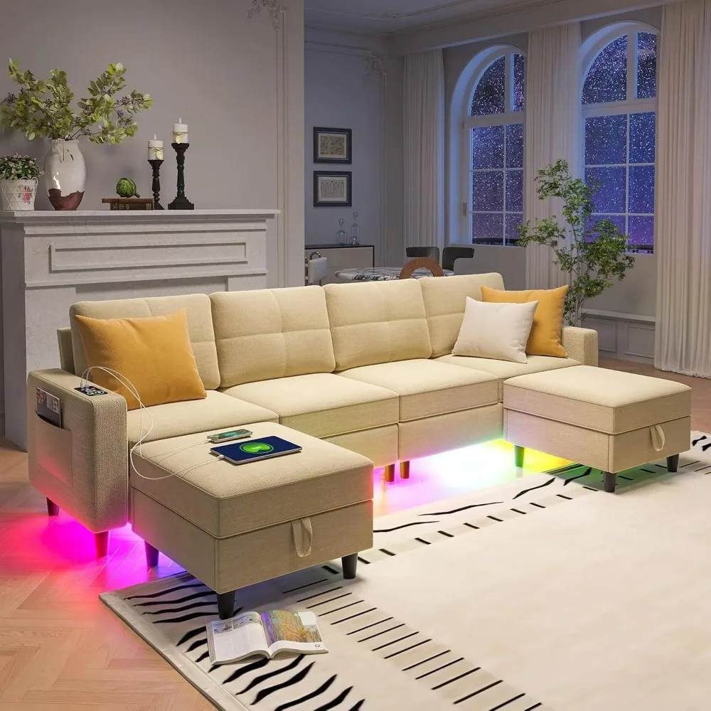 LED Sectional Couches for Living Room, Modular Sectional Sofa Set , Oversized U Shaped Sofa Couch with Auto Sensor RGB Lights
