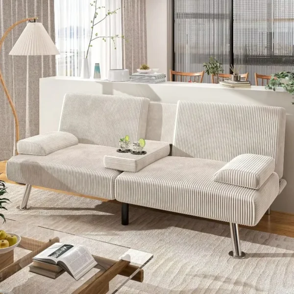 Shahoo Modern Upholstered Convertible Folding Futon Sofa Bed with Removable Armrests, Metal Legs, 2 Cup Holders for Living Room, - Image 6