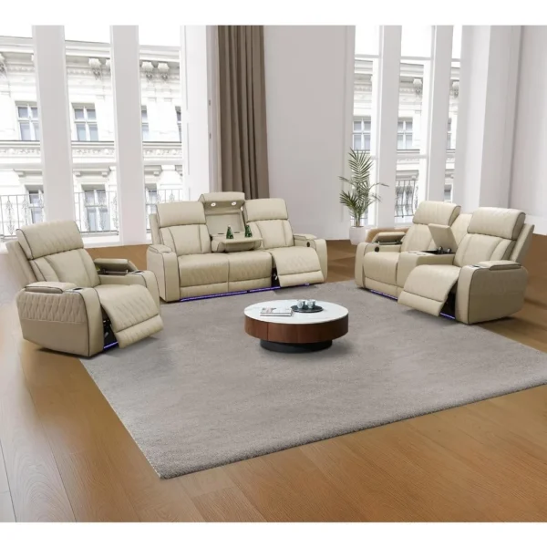 Power Recliner Sofa Set, Leather Living Room Sofa Set With LED, Power Reclining Sofa Recliner Couch With Cup Holder/USB Ports