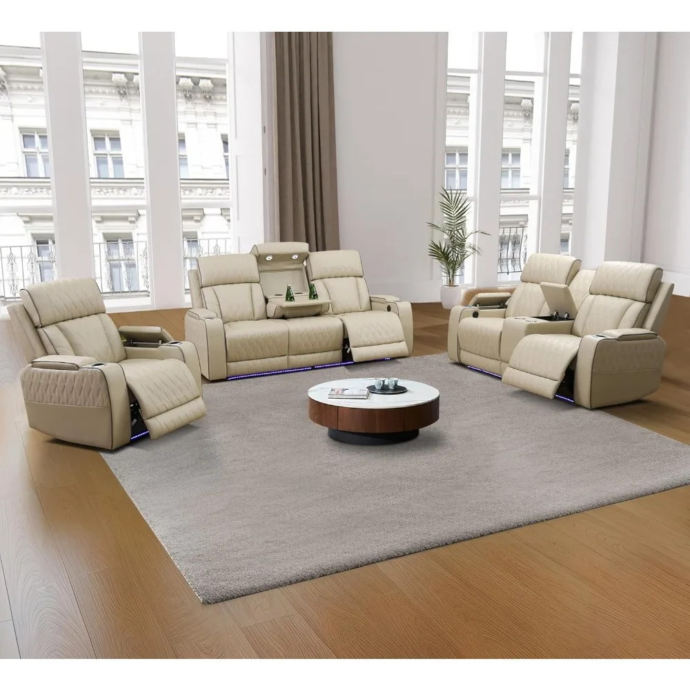 Power Recliner Sofa Set, Leather Living Room Sofa Set With LED, Power Reclining Sofa Recliner Couch With Cup Holder/USB Ports