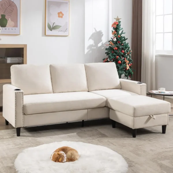 Couches for Living Room, L-Shaped Couch 3 Seats Sofas with Storage Chaise & 2 Cup Holders, Small Sofa for