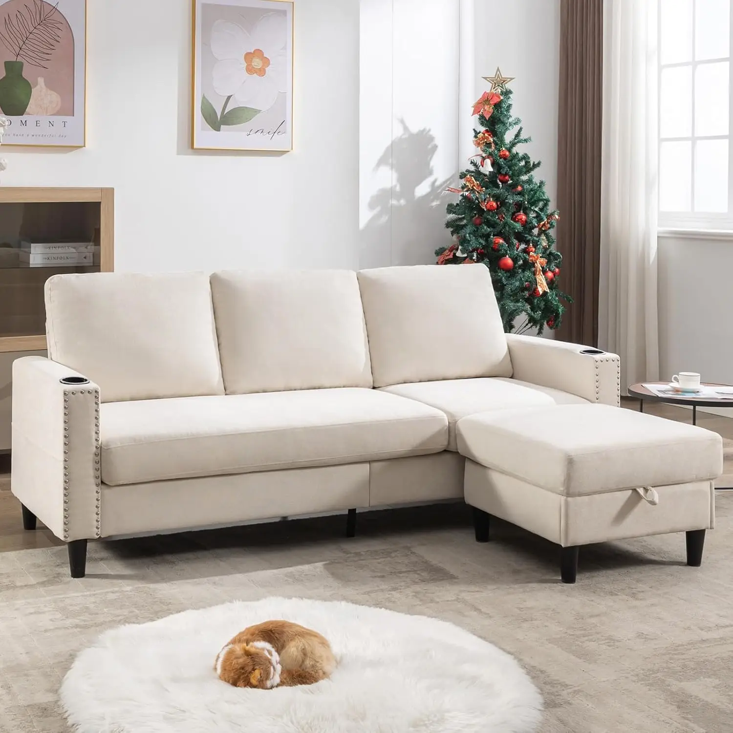 Couches for Living Room, L-Shaped Couch 3 Seats Sofas with Storage Chaise & 2 Cup Holders, Small Sofa for