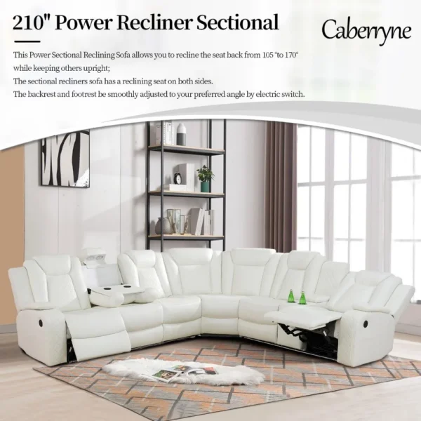 Power Recliner Sofa Sectional Couches , Leather Reclining Corner Sectional Sofa Set With 3 Recliner Seats, Cup Holder, Sofas - Image 2