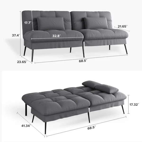 Convertible Futon Sofa Bed, 68″Fabric Futon Couch with Adjustable Backrest, Folding Futon Sleeper Recliner - Image 3