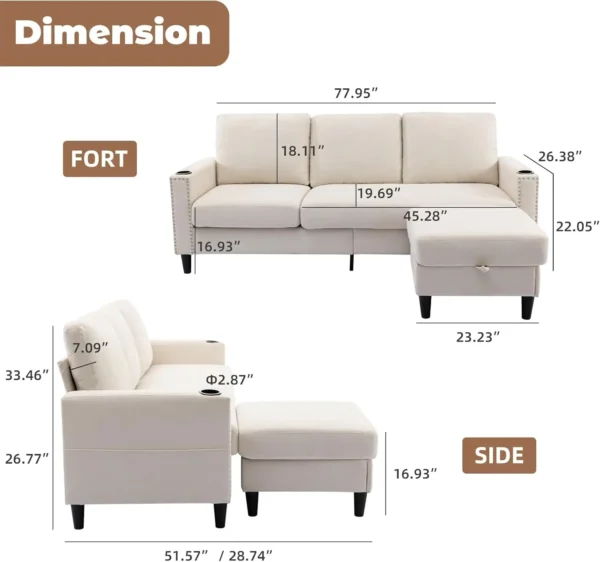Couches for Living Room, L-Shaped Couch 3 Seats Sofas with Storage Chaise & 2 Cup Holders, Small Sofa for - Image 2