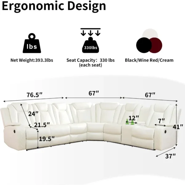 Power Recliner Sofa Sectional Couches , Leather Reclining Corner Sectional Sofa Set With 3 Recliner Seats, Cup Holder, Sofas - Image 5