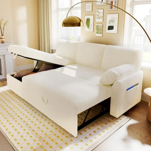 Sofa Bed -2-in-1 Pull-out Sofa Bed with Storage Lounge Chair, Suitable for Living Room, White Sofa