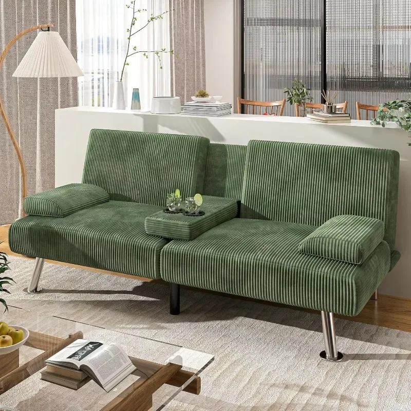 Shahoo Modern Upholstered Convertible Folding Futon Sofa Bed with Removable Armrests, Metal Legs, 2 Cup Holders for Living Room,